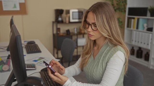 Blonde woman taps smartphone with fingers at computer desk in modern office workspace; focus productivity.