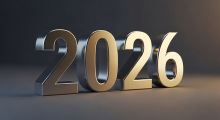 Shiny metallic number 2026 on a dark reflective surface