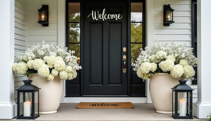 Entrance to modern farmhouse with black door. Welcome mat lies on porch in front of door. Vases with white flowers flank entrance. Lanterns illuminate elegant home decor style.