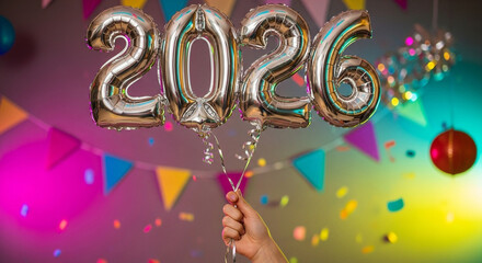 Silver foil balloons forming 2026 held by a hand at a festive celebration