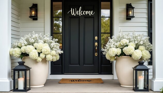 Fototapeta Entrance to modern farmhouse with black door. Welcome mat lies on porch in front of door. Vases with white flowers flank entrance. Lanterns illuminate elegant home decor style.