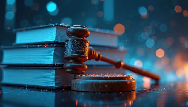 Judge gavel stands on sound block near stack of law books. Wooden judge hammer on law books background. Judicial gavel and legal literature on table.