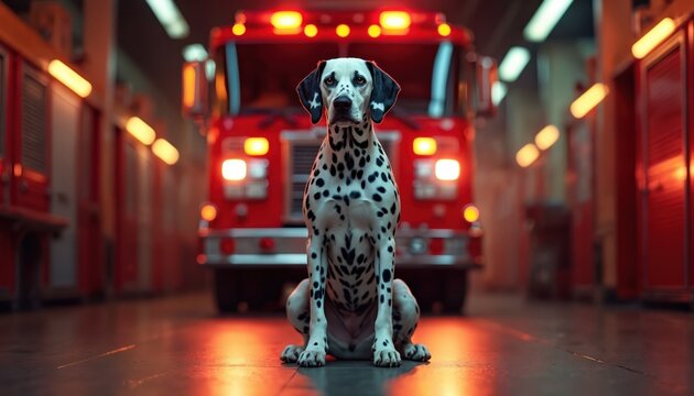Dalmatian sits in fire station. Spotted dog faces camera with red fire engine in background. Canine is alert, ready for action at firehouse. Animal wears no uniform.