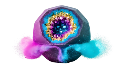 A geode bath bomb isolated on transparent background with colorful crystals