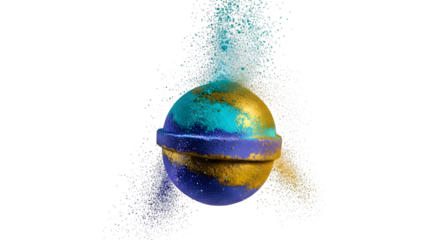 A colorful bath bomb isolated on transparent background with gold and blue glitter dust