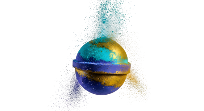 A colorful bath bomb isolated on transparent background with gold and blue glitter dust