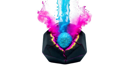 Black bath bomb with pink and blue powder isolated on transparent background
