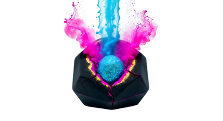 Black bath bomb with pink and blue powder isolated on transparent background