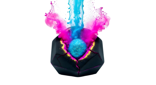 Black bath bomb with pink and blue powder isolated on transparent background