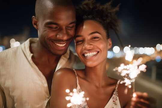Close up, Couple celebrating anniversary with sparklers in the night - Powered by Adobe
