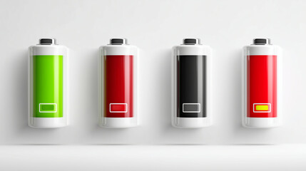 battery icon set showing full to low charge, green to red energy levels, clean flat vector design, white background, tech UI style 