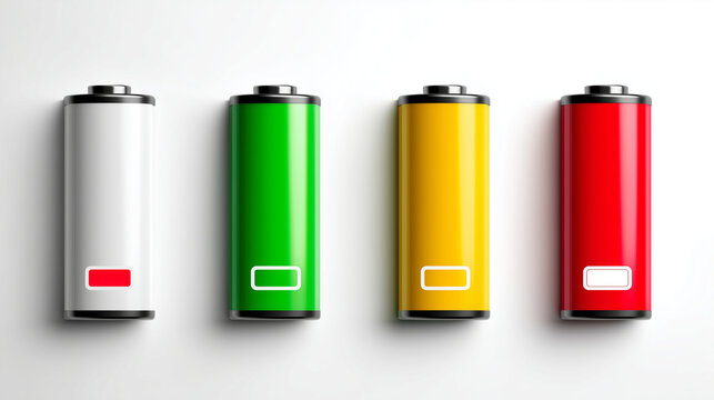battery icon set showing full to low charge, green to red energy levels, clean flat vector design, white background, tech UI style , 