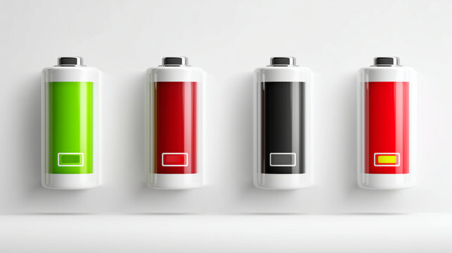 battery icon set showing full to low charge, green to red energy levels, clean flat vector design, white background, tech UI style 
