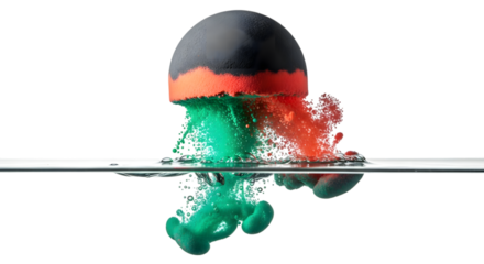 A gray sphere with orange and green liquid in water isolated on transparent background
