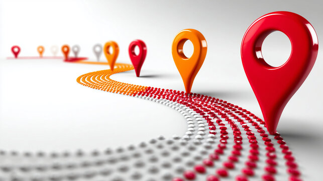 dotted path with curved route, orange and red location pins, white background, map route concept, minimal flat design