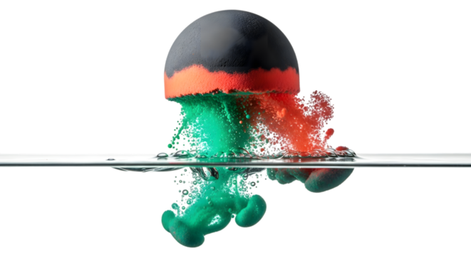 A gray sphere with orange and green liquid in water isolated on transparent background