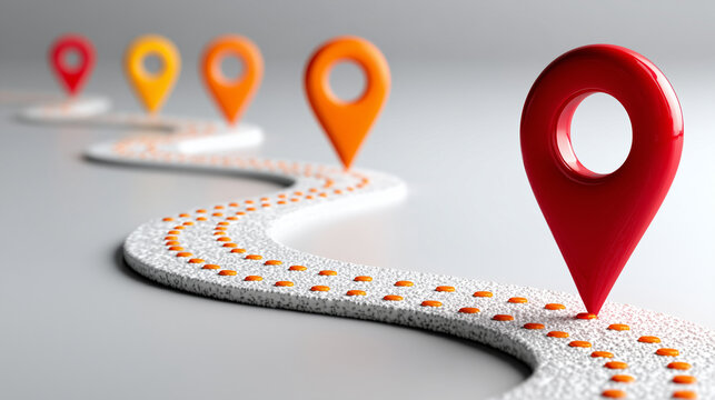 dotted path with curved route, orange and red location pins, white background, map route concept, minimal flat design