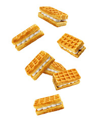 Falling Viennese Waffle with cream isolated, full depth of field