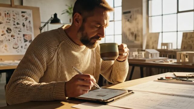 Architect Designer Creative Man Working on Tablet, Coffee Break