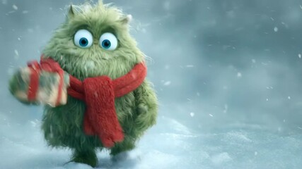 Cute furry green monster character with red scarf holding a Christmas present in the snow for holiday greeting card.