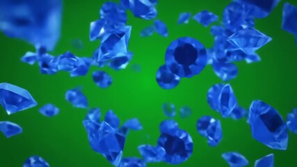 Brilliant blue diamonds falling and sparkling against a vibrant green screen background creating a luxurious and dynamic visual effect for various design projects and compositing needs.