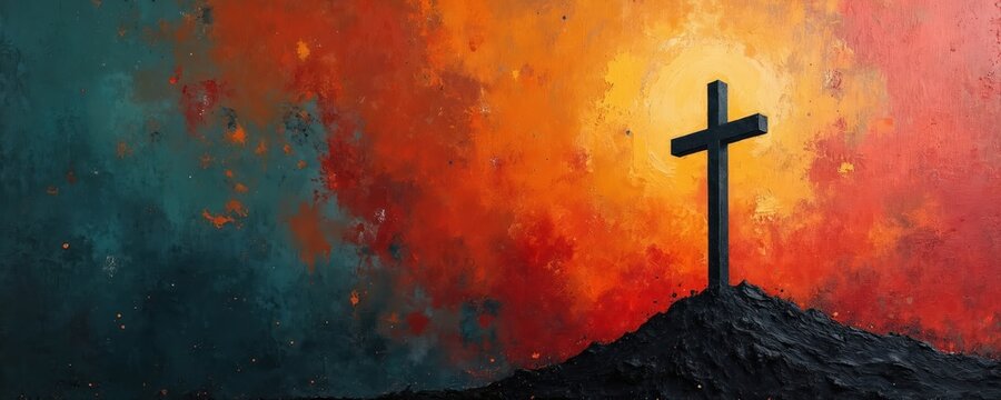 Abstract artwork features a stark cross silhouette atop a rugged mountain. The backdrop presents vibrant textured paint blending fiery oranges and deep blues, evoking religious themes.