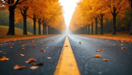 Obraz premium Autumn road illustration with orange trees and fallen leaves. Long asphalt route with yellow line goes to horizon in fog. Scenic journey at fall with warm mood. Nature travel backdrop.