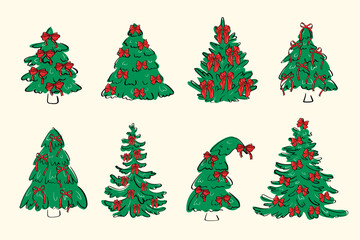 Vintage collection of eight Christmas trees decorated with red bows. Perfect for stickers, cards, branding, seasonal merchandise design, scrapbooking, and DIY projects.
