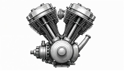 Monochrome line art shows V twin motorcycle engine. This detailed illustration features cylinders pistons and mechanical parts. Ideal for automotive or engineering visuals.