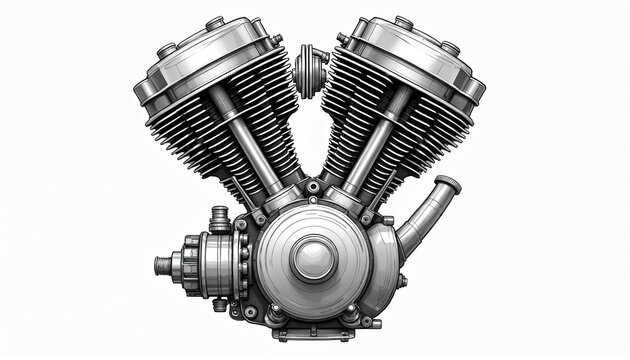 Monochrome line art shows V twin motorcycle engine. This detailed illustration features cylinders pistons and mechanical parts. Ideal for automotive or engineering visuals.