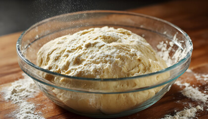 Fototapeta premium Watch a close-up time-lapse of fresh bread dough rising naturally in a glass bowl, perfect for baking, cooking, or ASMR visuals
