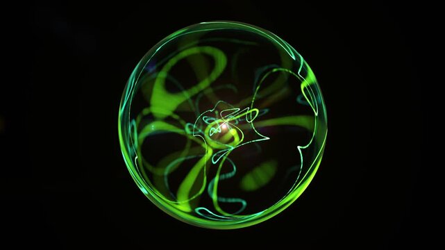 Abstract green neon transparent sphere, green energy movement, distorted electricity curve in a crystal ball, soft orb shape on a black background. Looping green circle, website animation.