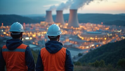 Two engineers in hard hats and vests overlook a sprawling nuclear power plant at dusk. The facility glows with lights, and steam rises from cooling towers against the twilight sky.