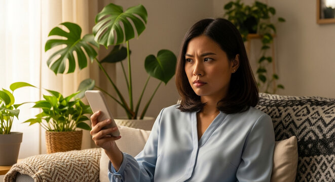 Woman looking at phone with suspicion, Asian lady frowning on sofa, technology skepticism and digital communication in cozy living room with plants