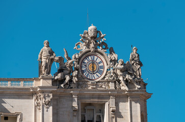 Clock and Sculptures on the Facade of St. Peters Basilica, Vatican City