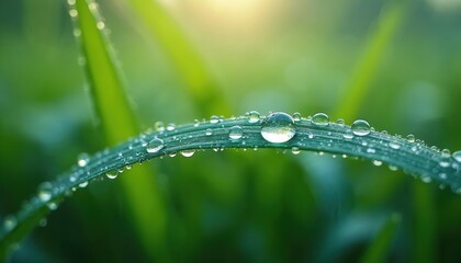 Water drops on green grass blade in morning. Dew on lawn with blurry background. Fresh grass with clear water droplets on leaf. Waterdrops on fresh green leaves. Nature after rain scene.