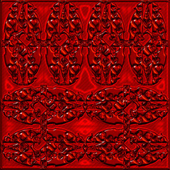 Abstract Red 3D Heart Pattern with Metallic Texture, stylized heart motifs.  ideal for themes of love, romance, passion, or decorative design.  