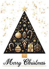 Merry Christmas Luxury Gold greeting card design, stylized christmas tree on white decorative background, golden elements, star, ball sphere, baubles, pine cone, ribbons, presents, decorations