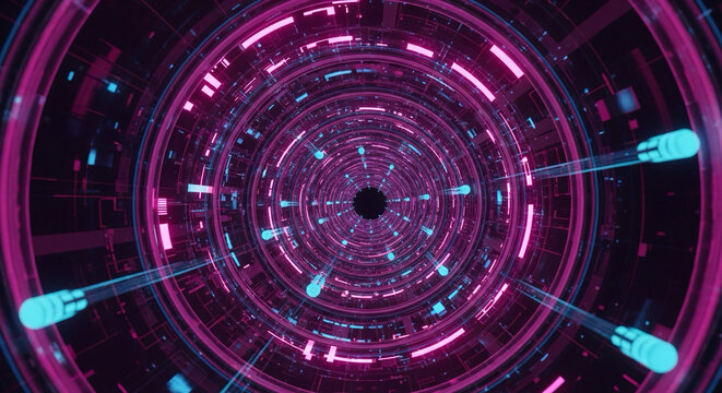 futuristic data tunnel with glowing pink and blue tones — technology progress