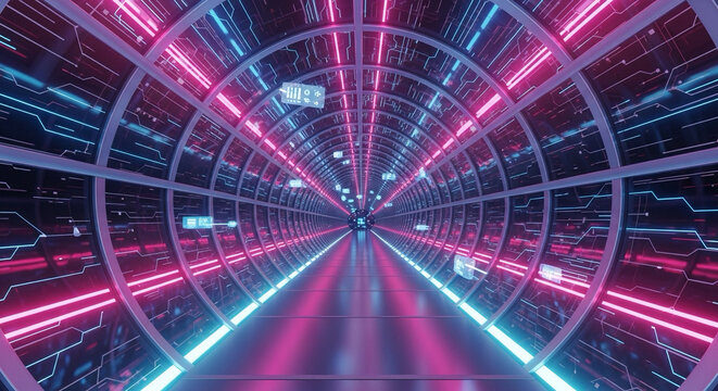 futuristic data tunnel with glowing pink and blue tones — technology progress - Powered by Adobe