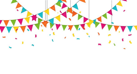 Colorful bunting flags and confetti for festive celebrations. PNG, Triangle flag bunting with confetti — cheerful festival decoration