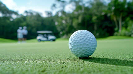 Close-up view of a golf ball on green grass with players in background at a sunny golf course