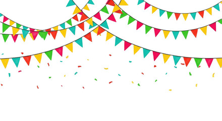 Colorful bunting flags and confetti for festive celebrations. PNG, Triangle flag bunting with confetti — cheerful festival decoration