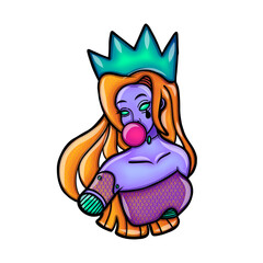  Creepy Cute Mermaid Queen with Teal Crown and Tear, Bubblegum Fantasy Queen Sticker Vector Illustration