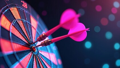 Vibrant dartboard with two darts poised to strike center target. Intense neon colors create dynamic scene of competition, skill. Image suggests excitement, focused gameplay within indoor setting.