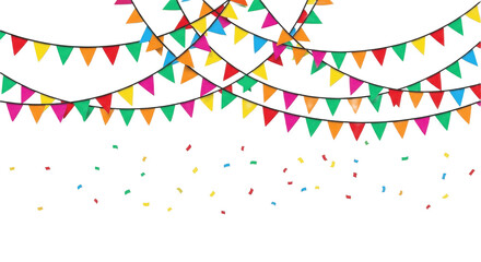 Colorful bunting flags and confetti for festive celebrations. PNG, Triangle flag bunting with confetti — cheerful festival decoration