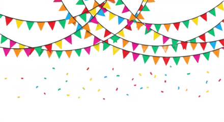 Colorful bunting flags and confetti for festive celebrations. PNG, Triangle flag bunting with confetti — cheerful festival decoration