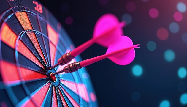 Vibrant dartboard with two darts poised to strike center target. Intense neon colors create dynamic scene of competition, skill. Image suggests excitement, focused gameplay within indoor setting. - Powered by Adobe