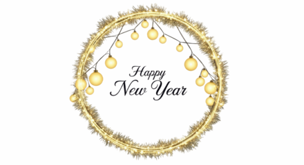 Seamless decorative christmas circle shape with coniferous branches and Happy new year, garlands on transparent background