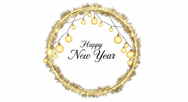 Seamless decorative christmas circle shape with coniferous branches and Happy new year, garlands on transparent background